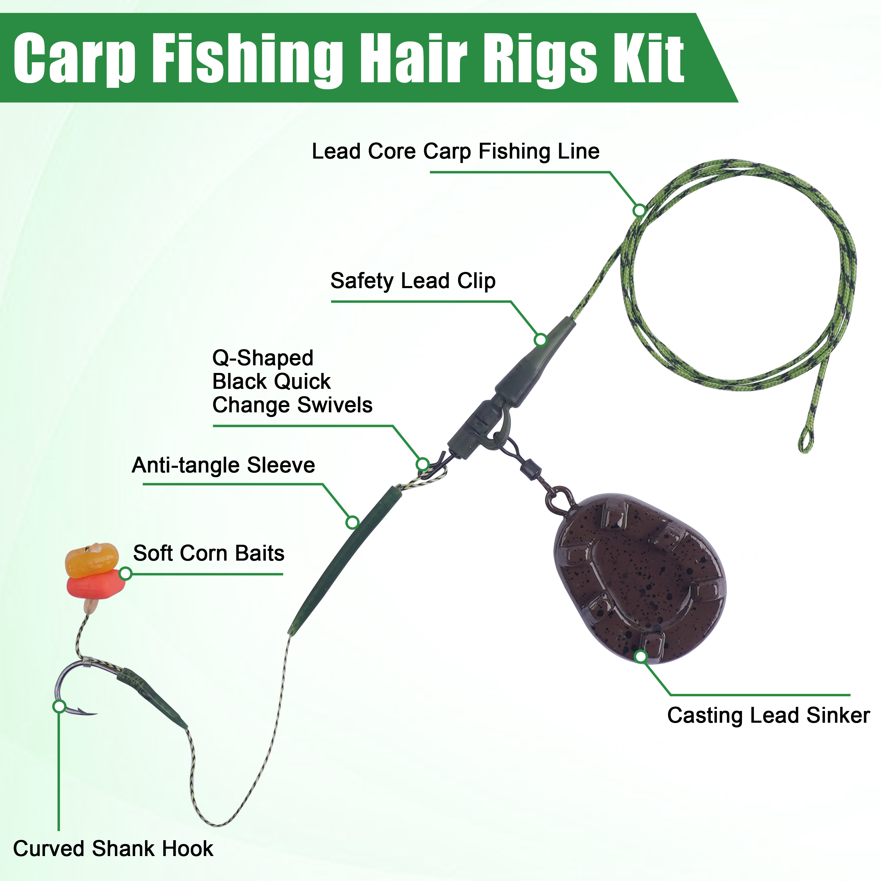 Carp Fishing Rig Kit with Hair Rigs Sinkers, Swivels & Hooks  Complete Bass Fishing Tackle Set with Corn Bait